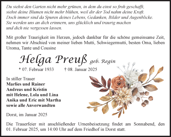 Traueranzeige von Helga Preuß von Volksstimme Haldensleben/Wolmirstedt