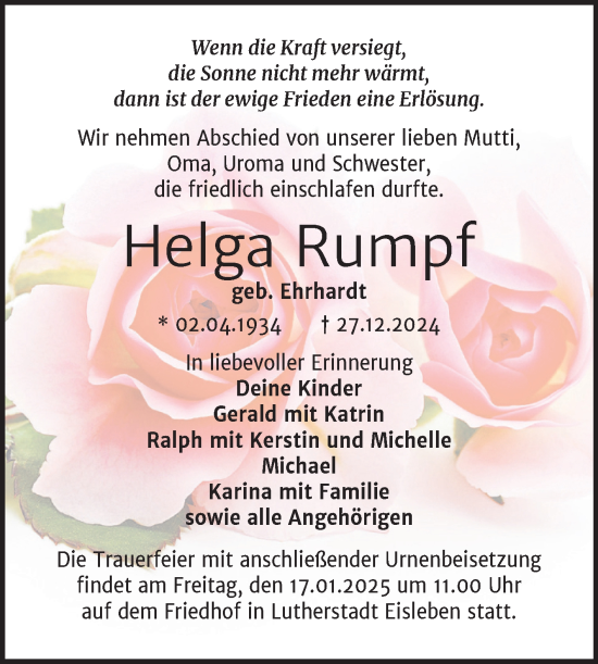 Traueranzeige von Helga Rumpf von Trauerkombi Mansfelder Land