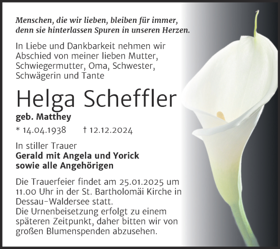 Traueranzeige von Helga Scheffler von Trauerkombi Dessau