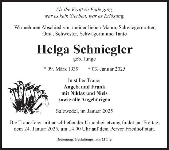 Traueranzeige von Helga Schniegler von Volksstimme Altmark West