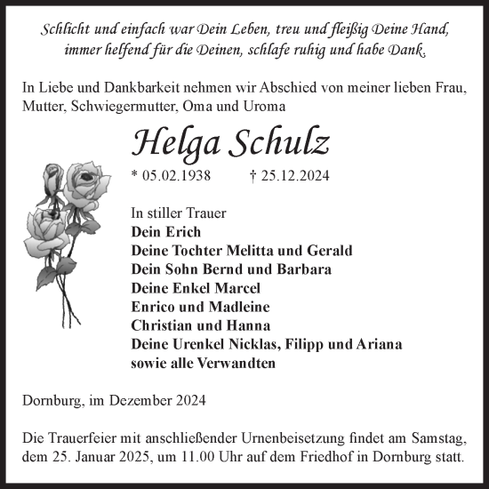 Traueranzeige von Helga Schulz von Volksstimme Zerbst