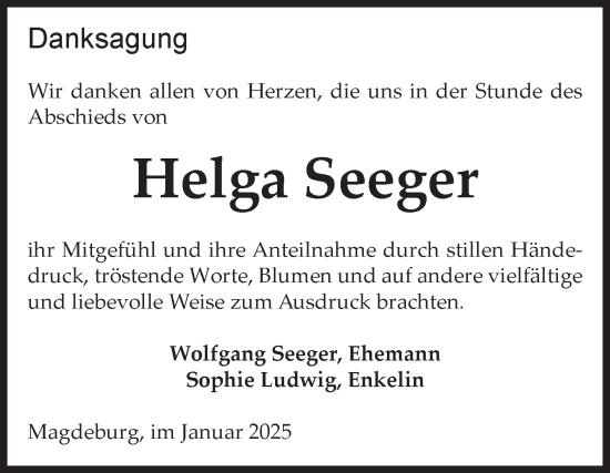 Traueranzeige von Helga Seeger von Volksstimme Magdeburg