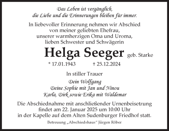 Traueranzeige von Helga Seeger von Volksstimme Magdeburg