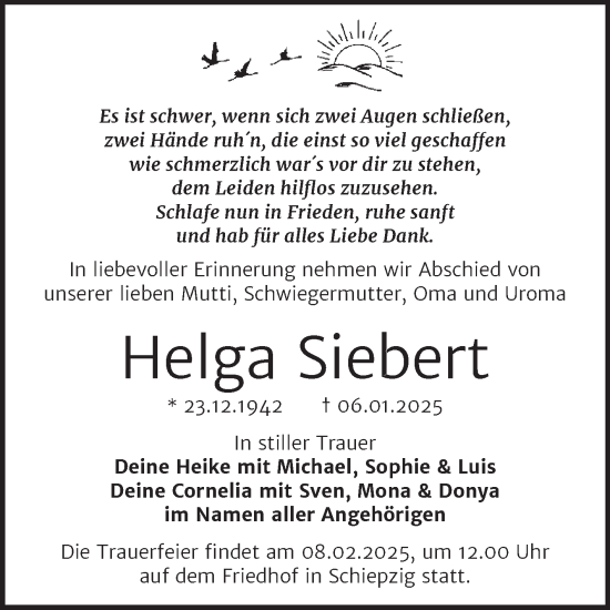 Traueranzeige von Helga Siebert 