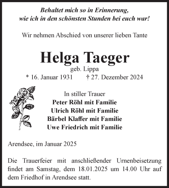Traueranzeige von Helga Taeger von Volksstimme Altmark West