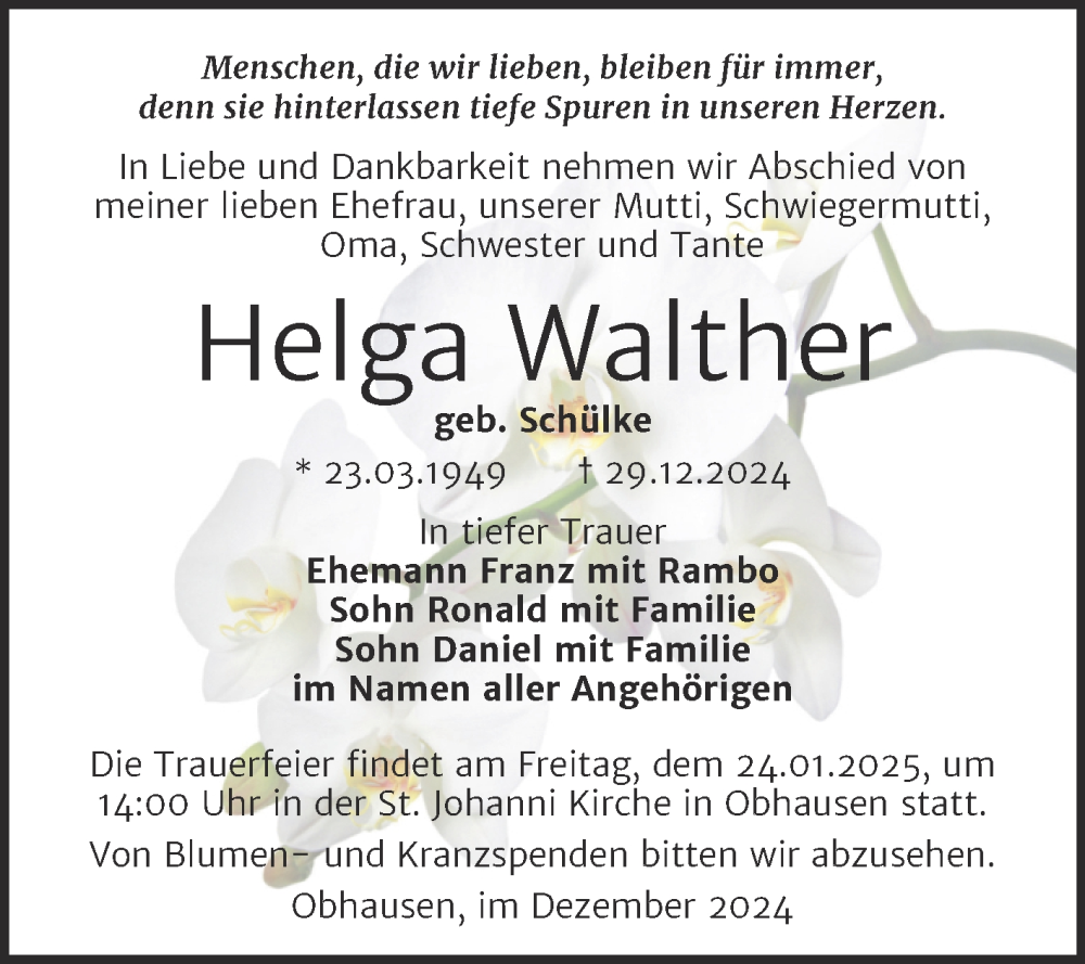  Traueranzeige für Helga Walther vom 11.01.2025 aus Trauerkombi Merseburg