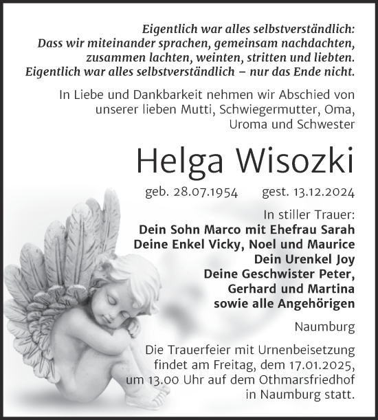 Traueranzeige von Helga Wisozki von Super Sonntag Naumburg/Nebra