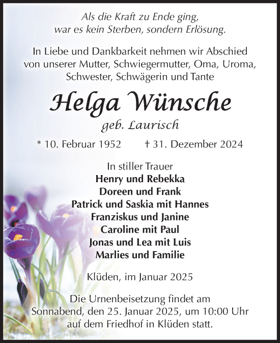 Traueranzeige von Helga Wünsche von Volksstimme Haldensleben/Wolmirstedt