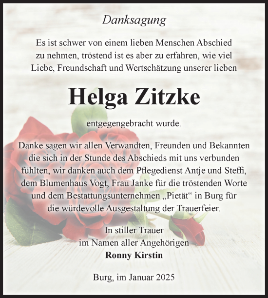 Traueranzeige von Helga Zitzke von Volksstimme Burg/Genthin