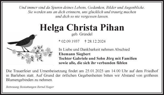 Traueranzeige von Helga Christa Pihan von Volksstimme Haldensleben/Wolmirstedt
