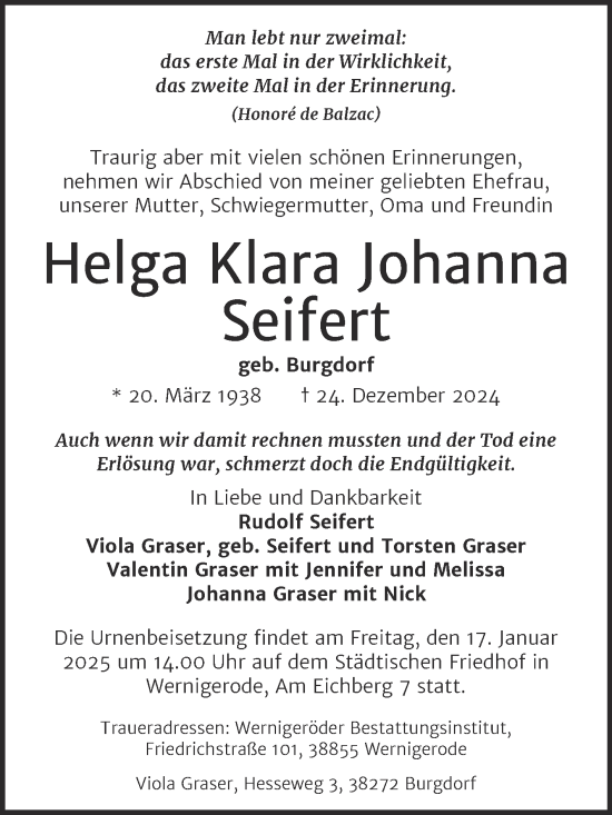 Traueranzeige von Helga Klara Johanna Seifert von Super Sonntag Sangerhausen