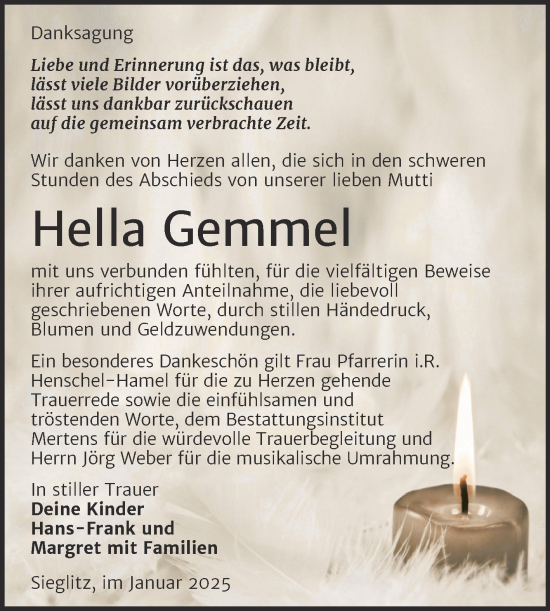 Traueranzeige von Hella Gemmel von Super Sonntag Naumburg/Nebra