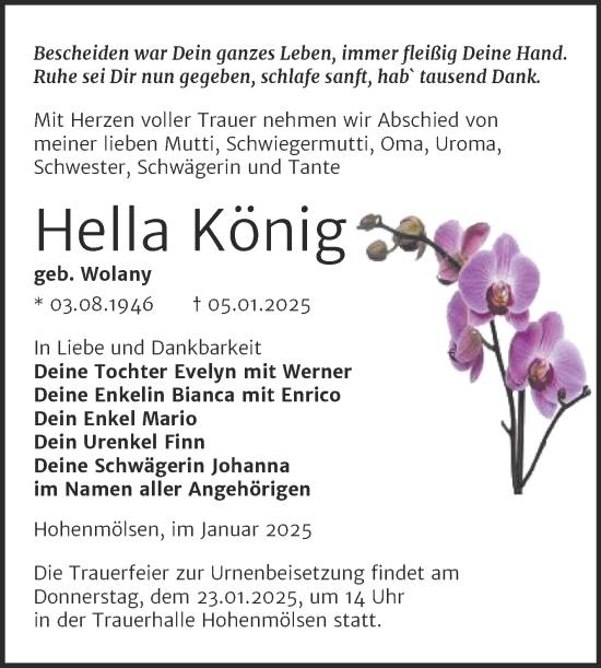 Traueranzeige von Hella König von Trauerkombi Weißenfels