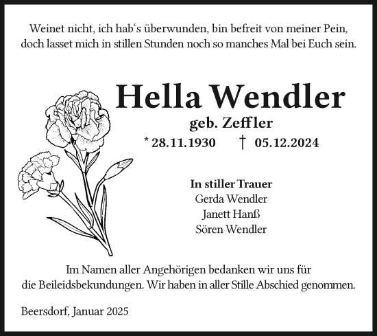 Traueranzeige von Hella Wendler von Trauerkombi Zeitz