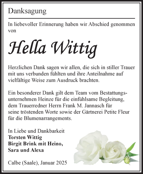 Traueranzeige von Hella Wittig von Volksstimme Schönebeck