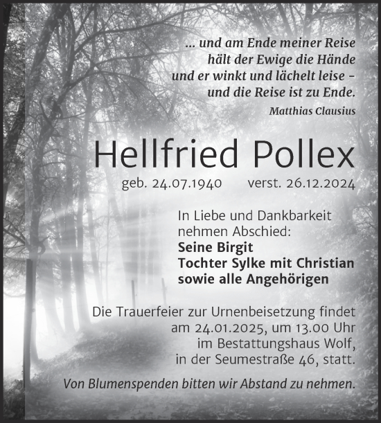 Traueranzeige von Hellfried Pollex von Trauerkombi Weißenfels