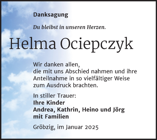 Traueranzeige von Helma Ociepczyk von Trauerkombi Köthen