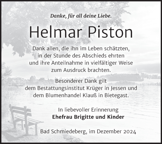 Traueranzeige von Helmar Piston von Trauerkombi Wittenberg