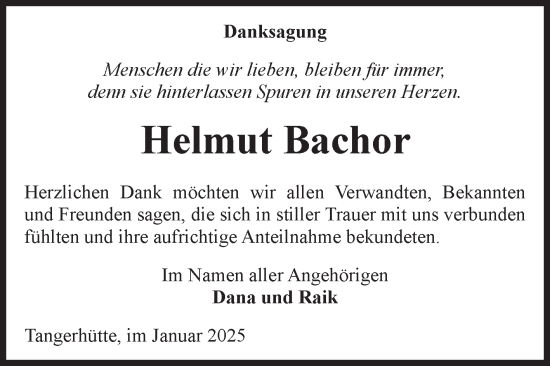 Traueranzeige von Helmut Bachor von Volksstimme Altmark Ost