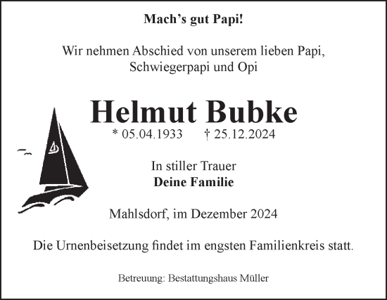 Traueranzeige von Helmut Bubke von Volksstimme Altmark West