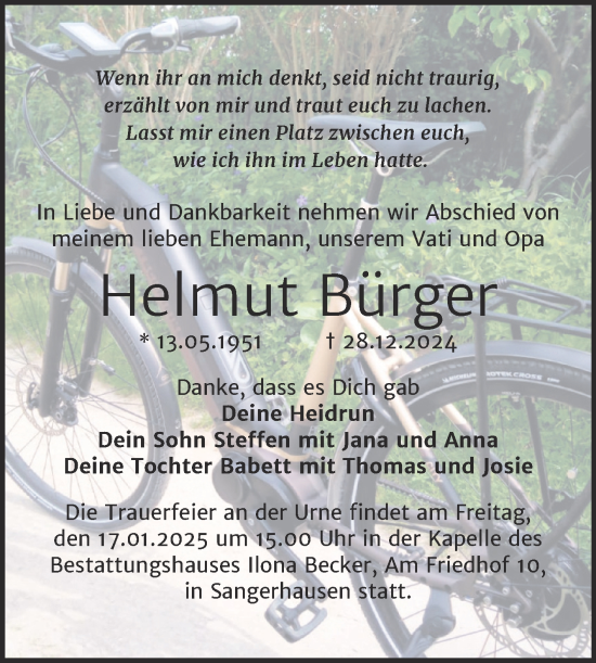 Traueranzeige von Helmut Bürger von Trauerkombi Sangerhausen