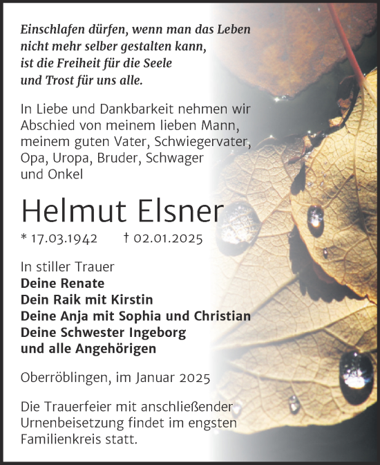 Traueranzeige von Helmut Elsner von Trauerkombi Sangerhausen