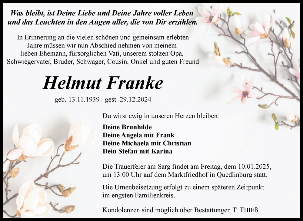  Traueranzeige für Helmut Franke vom 04.01.2025 aus Mitteldeutsche Zeitung Quedlingburg