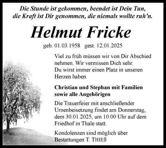 Traueranzeige von Helmut Fricke von Trauerkombi Quedlinburg