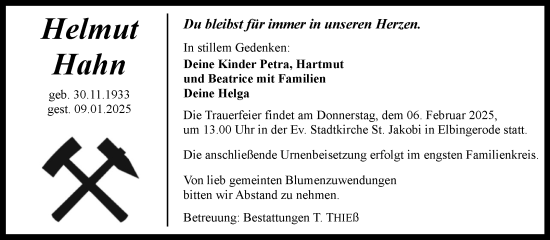 Traueranzeige von Helmut Hahn von Volksstimme Wernigerode