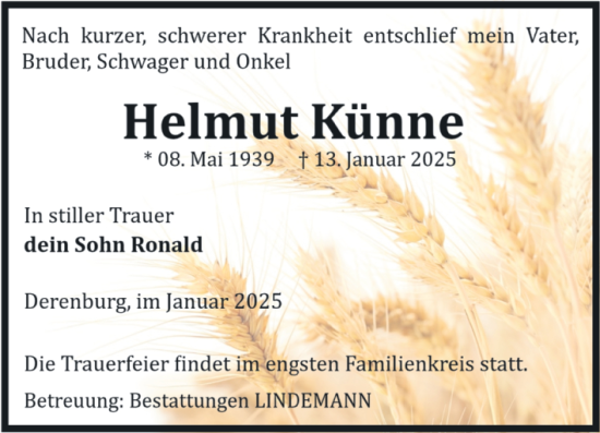Traueranzeige von Helmut Künne von Volksstimme Wernigerode