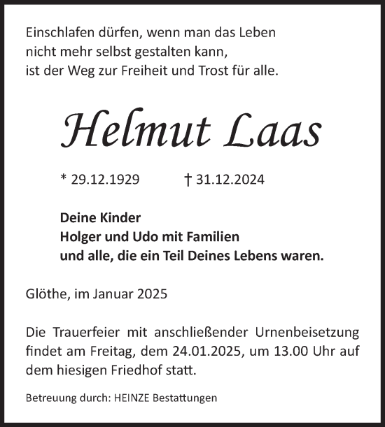 Traueranzeige von Helmut Laas von Volksstimme Schönebeck