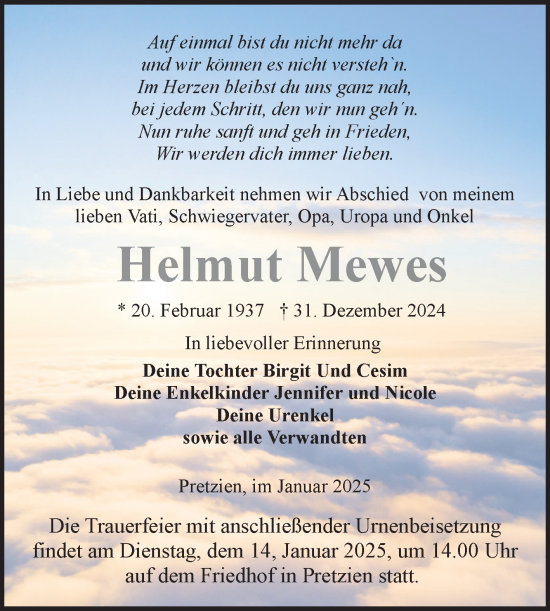 Traueranzeige von Helmut Mewes von Volksstimme Schönebeck