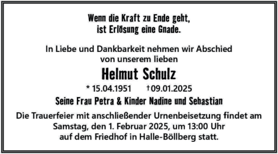 Traueranzeige von Helmut Schulz von Mitteldeutsche Zeitung Halle/Saalkreis