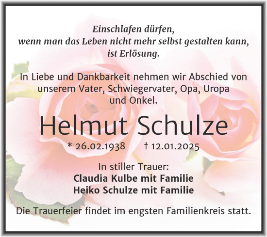 Traueranzeige von Helmut Schulze von Mitteldeutsche Zeitung Halle/Saalkreis