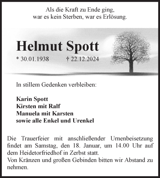 Traueranzeige von Helmut Spott von Volksstimme Zerbst