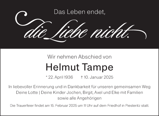 Traueranzeige von Helmut Tampe von Trauerkombi Wittenberg