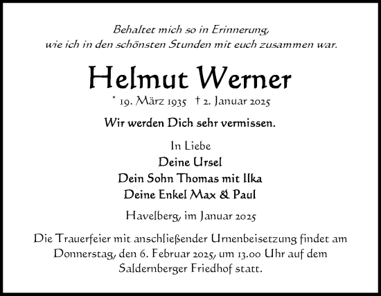 Traueranzeige von Helmut Werner von Volksstimme Altmark Ost
