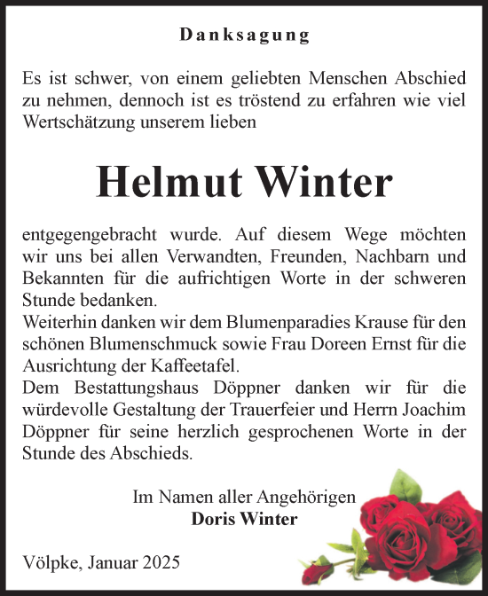 Traueranzeige von Helmut Winter von Volksstimme Oschersleben/Wanzleben