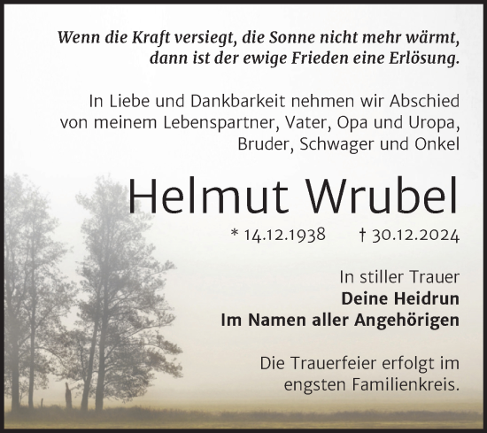 Traueranzeige von Helmut Wrubel von Trauerkombi Dessau