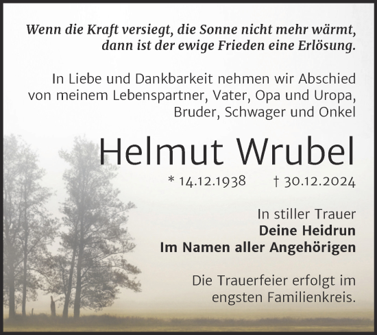 Traueranzeige von Helmut Wrubel von Trauerkombi Bitterfeld