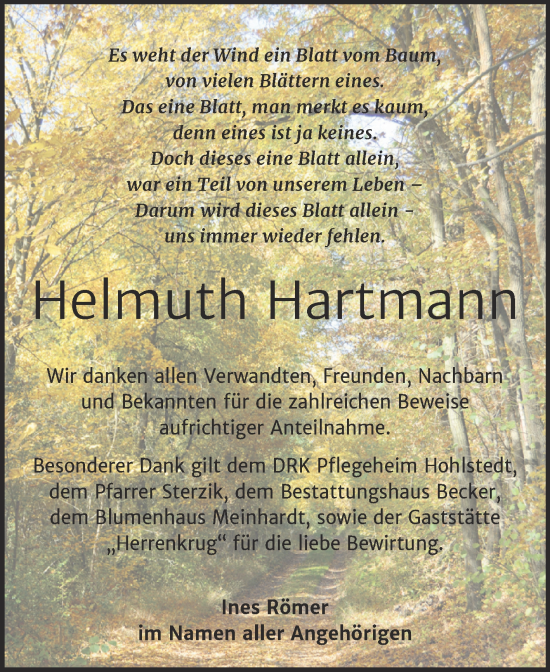 Traueranzeige von Helmuth Hartmann von Trauerkombi Sangerhausen