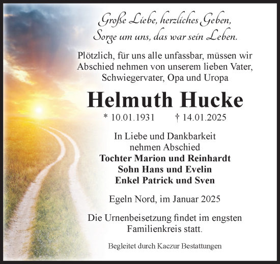 Traueranzeige von Helmuth Hucke von Volksstimme Staßfurt