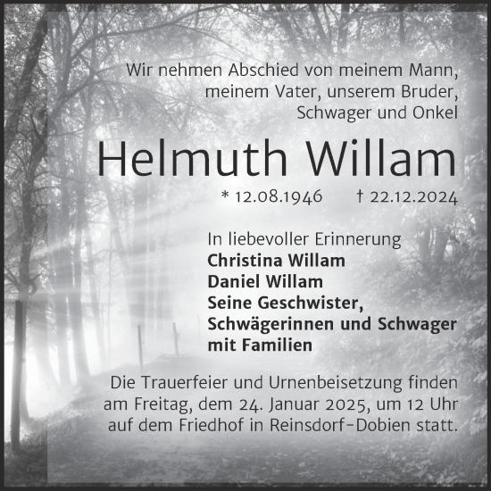 Traueranzeige von Helmuth Willam von Trauerkombi Wittenberg