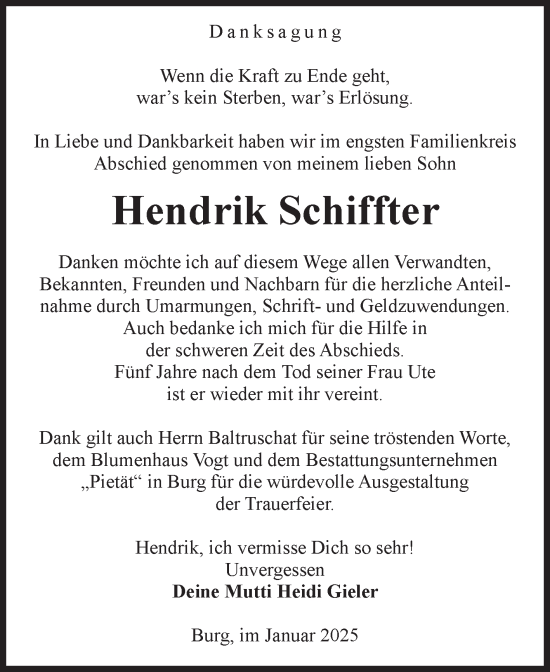 Traueranzeige von Hendrik Schiffter von Volksstimme Burg/Genthin