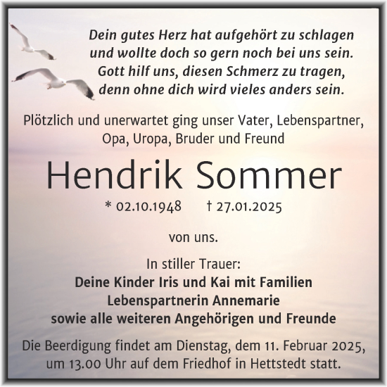 Traueranzeige von Hendrik Sommer von Trauerkombi Mansfelder Land