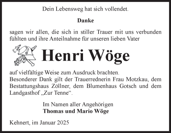 Traueranzeige von Henri Wöge von Volksstimme Altmark Ost