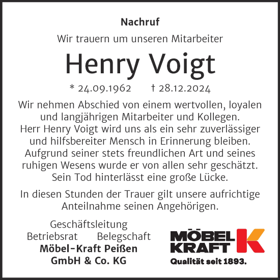 Traueranzeige von Henry Voigt von Mitteldeutsche Zeitung Weißenfels