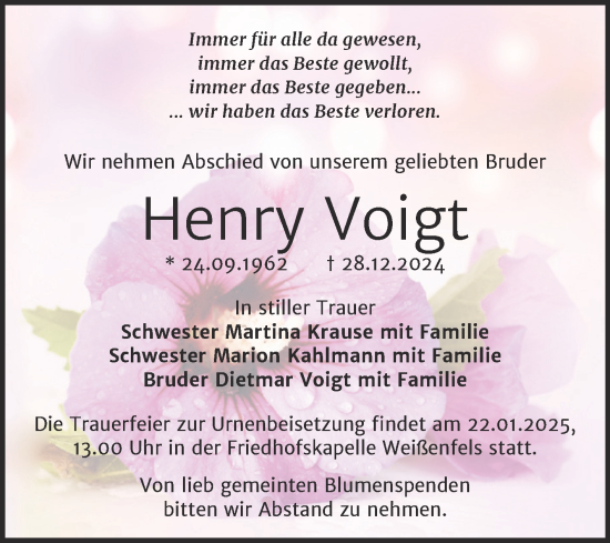 Traueranzeige von Henry Voigt von Trauerkombi Weißenfels