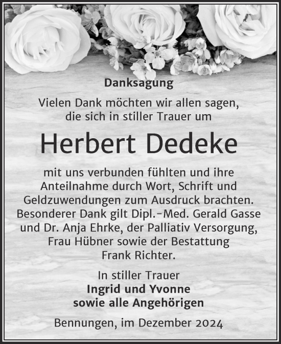 Traueranzeige von Herbert Dedeke von Trauerkombi Sangerhausen