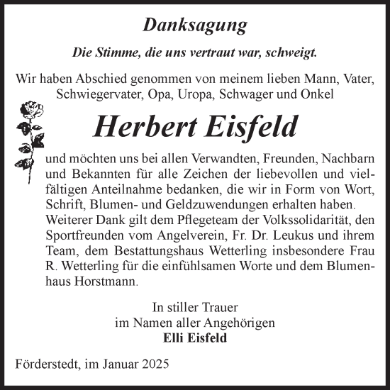 Traueranzeige von Herbert Eisfeld von Volksstimme Staßfurt